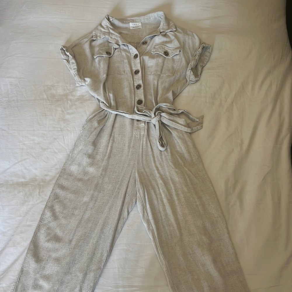 PRICE DROP: Lost + Wander beige jumpsuit! Tie waist and button down